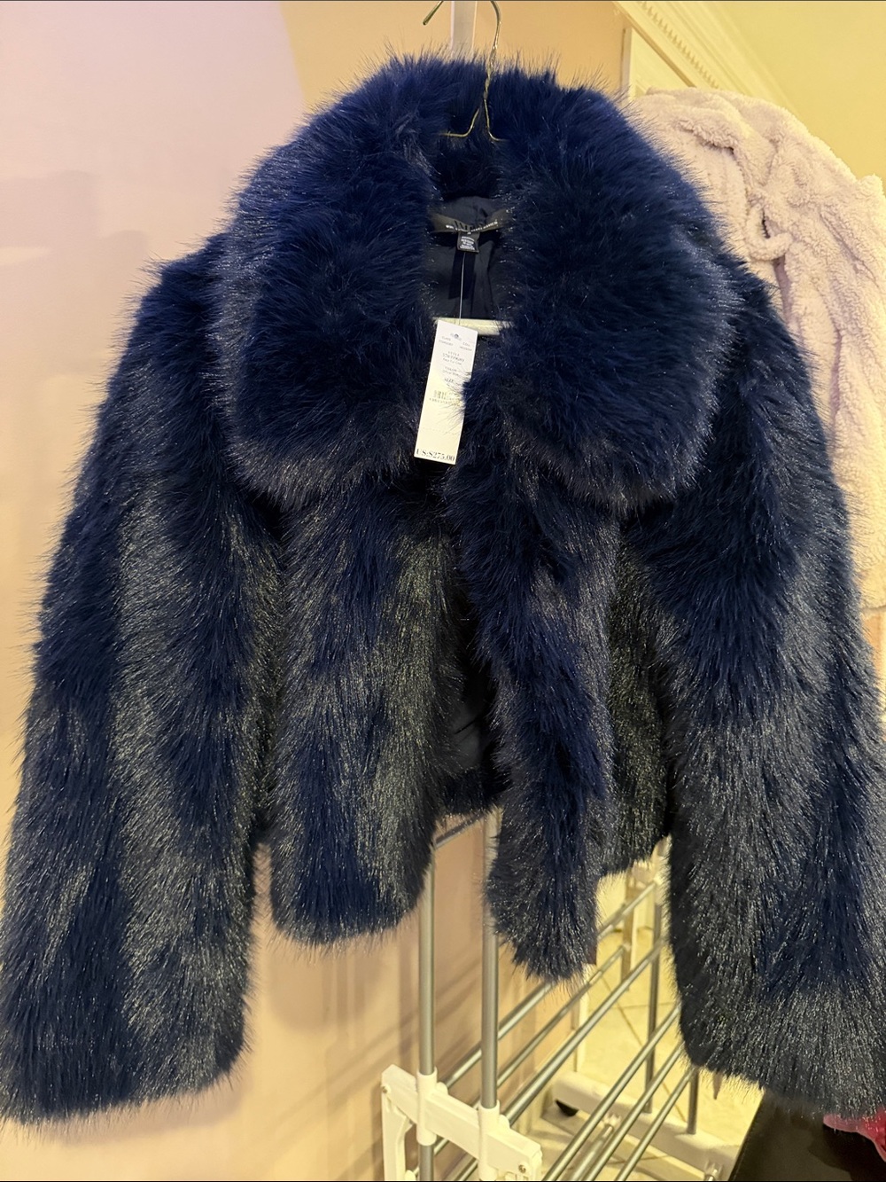 White House Black Market Navy Faux Fur Cropped Jacket